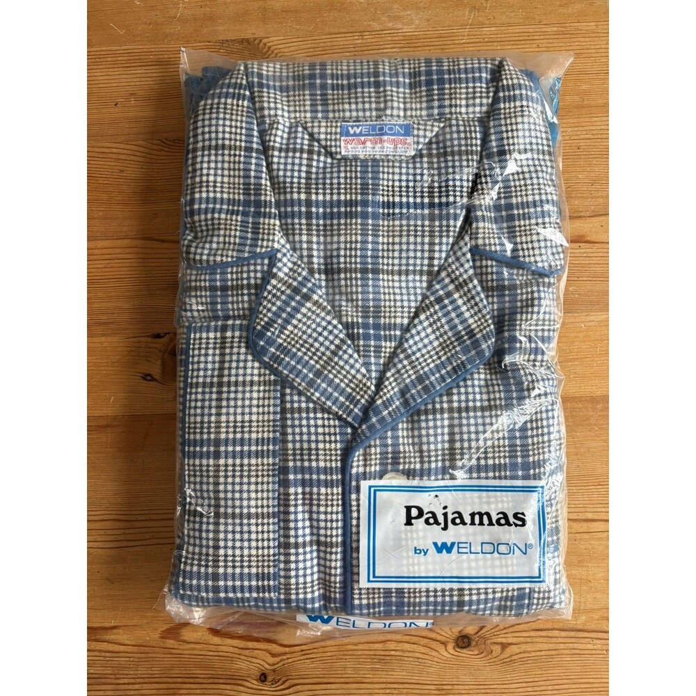 VTG Weldon mens pajama Top & Bottoms Set Blue plaid Collared Button XL Grandpa